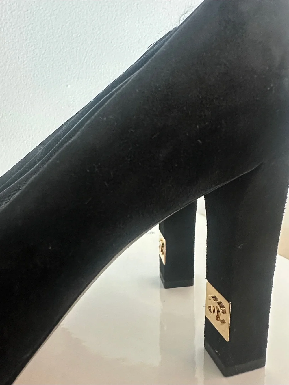 CHANEL Black Suede Cap-Toe Block Heel Pumps